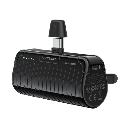 Veger PowerBank PlugOn-C Pro - Φορητή Μπαταρία Φόρτισης με Ενσωματωμένο Type-C και KickStand - 5000mAh - 20W - Black (W0558)