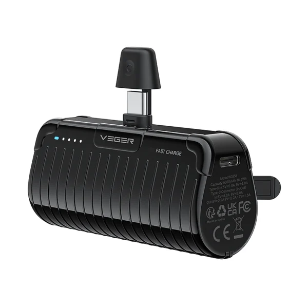 Veger PowerBank PlugOn-C Pro - Φορητή Μπαταρία Φόρτισης με Ενσωματωμένο Type-C και KickStand - 5000mAh - 20W - Black (W0558)