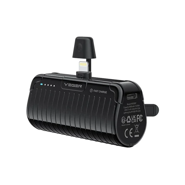 Veger PowerBank PlugOn-L Pro - Φορητή Μπαταρία Φόρτισης με Ενσωματωμένο Lightning και KickStand - 5000mAh - 20W - Black (W0558P)