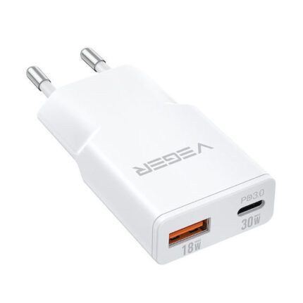 Veger Kablosuz Şarj Cihazı, USB-A ve USB-C Portlu, 30W Güç Dağıtımı / Hızlı Şarj 3.0, Beyaz (TC301)